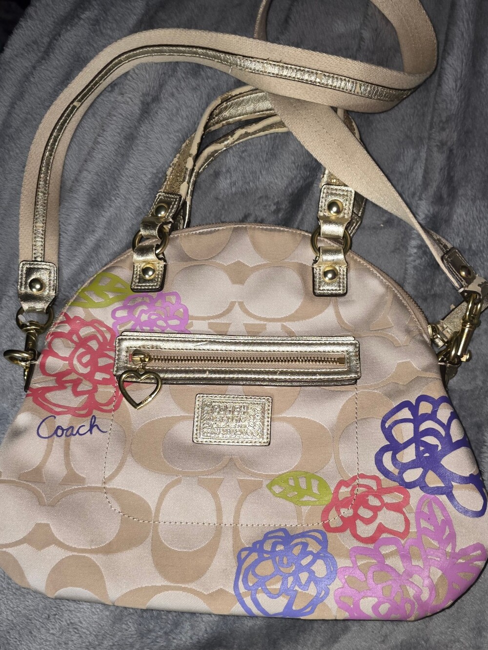 Coach Floral Poppy Signature Dome Satchel in Beige with Gold Accents